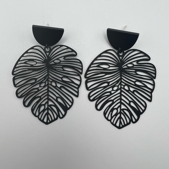 Classic Black Leaf Statement Earrings - Large Bohemian Dangle Earrings - Picture 4 of 12